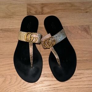 Gucci Gold GG Marmont Flip Flop Sandals